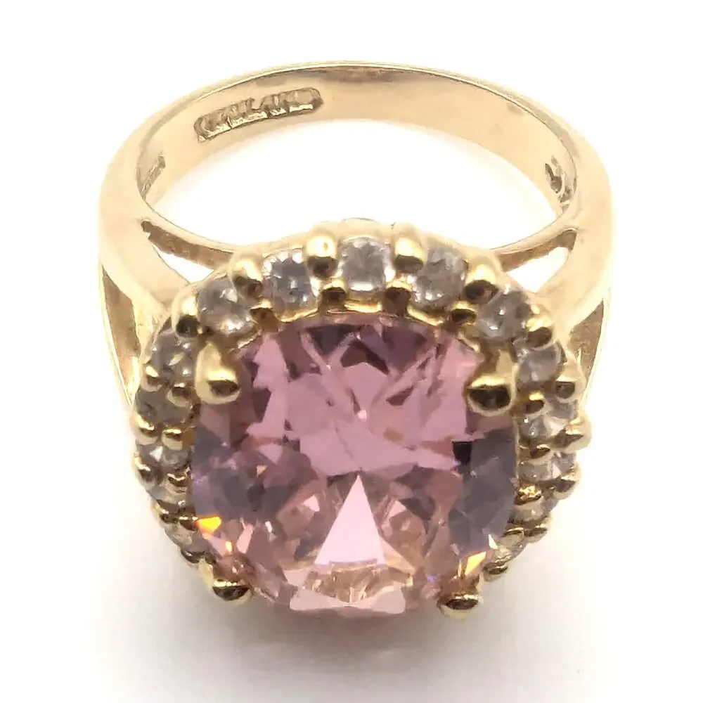 Vintage Pink Stone Halo Ring Womens 8.25 Gold Tone Statement 8K READ